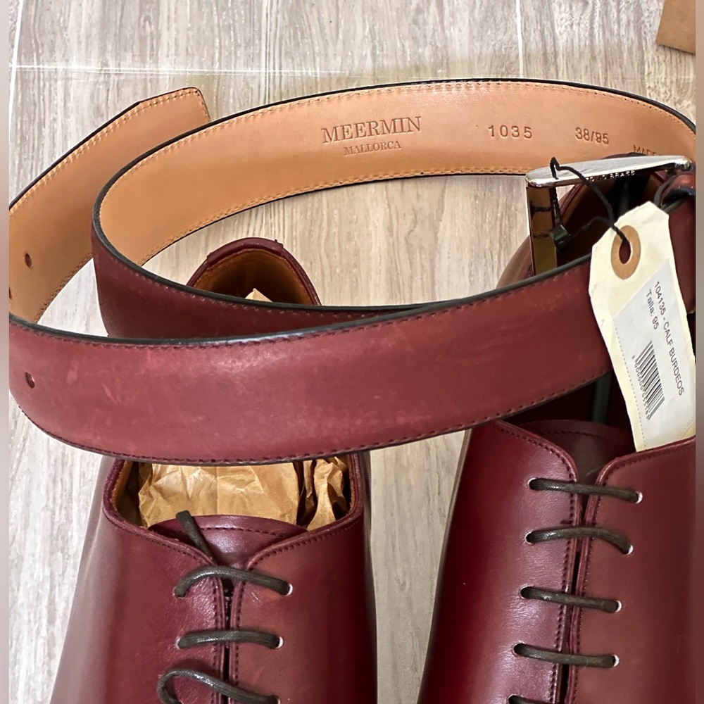 NWT Calf Leather Burgundy Whole Cut Oxfords with matching belt - Picture 6 of 9
